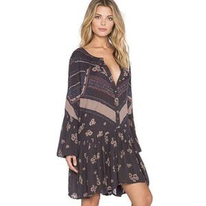 Free People From Your Heart Mini Tunic Dress XS Midnight Brown Boho Floral Gauze